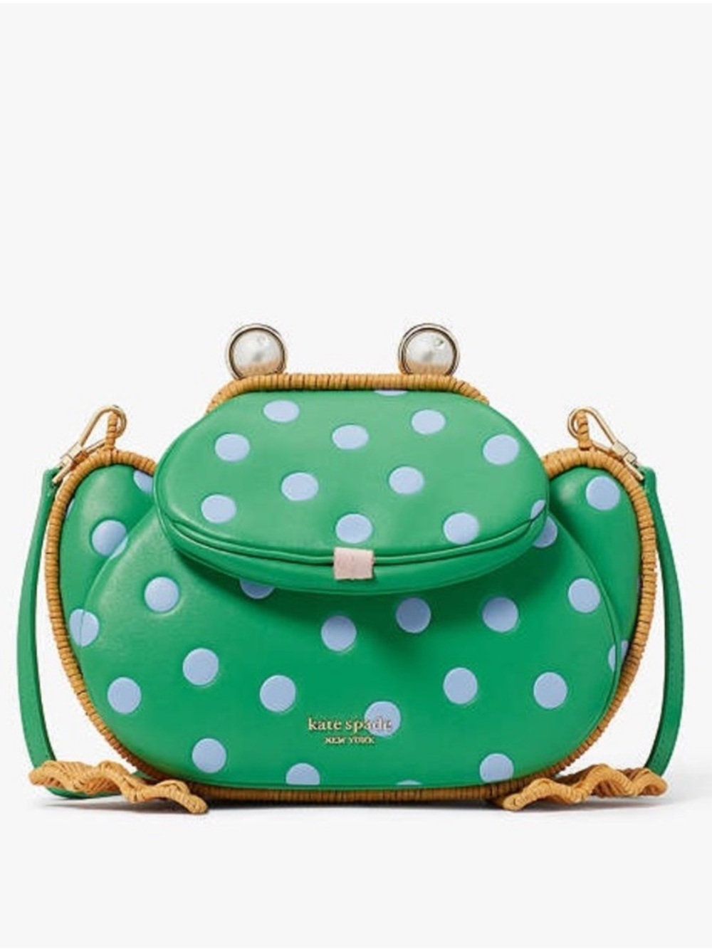 Kate Spade Green Polka Dot 3d Lily Frog wicker Crossbody